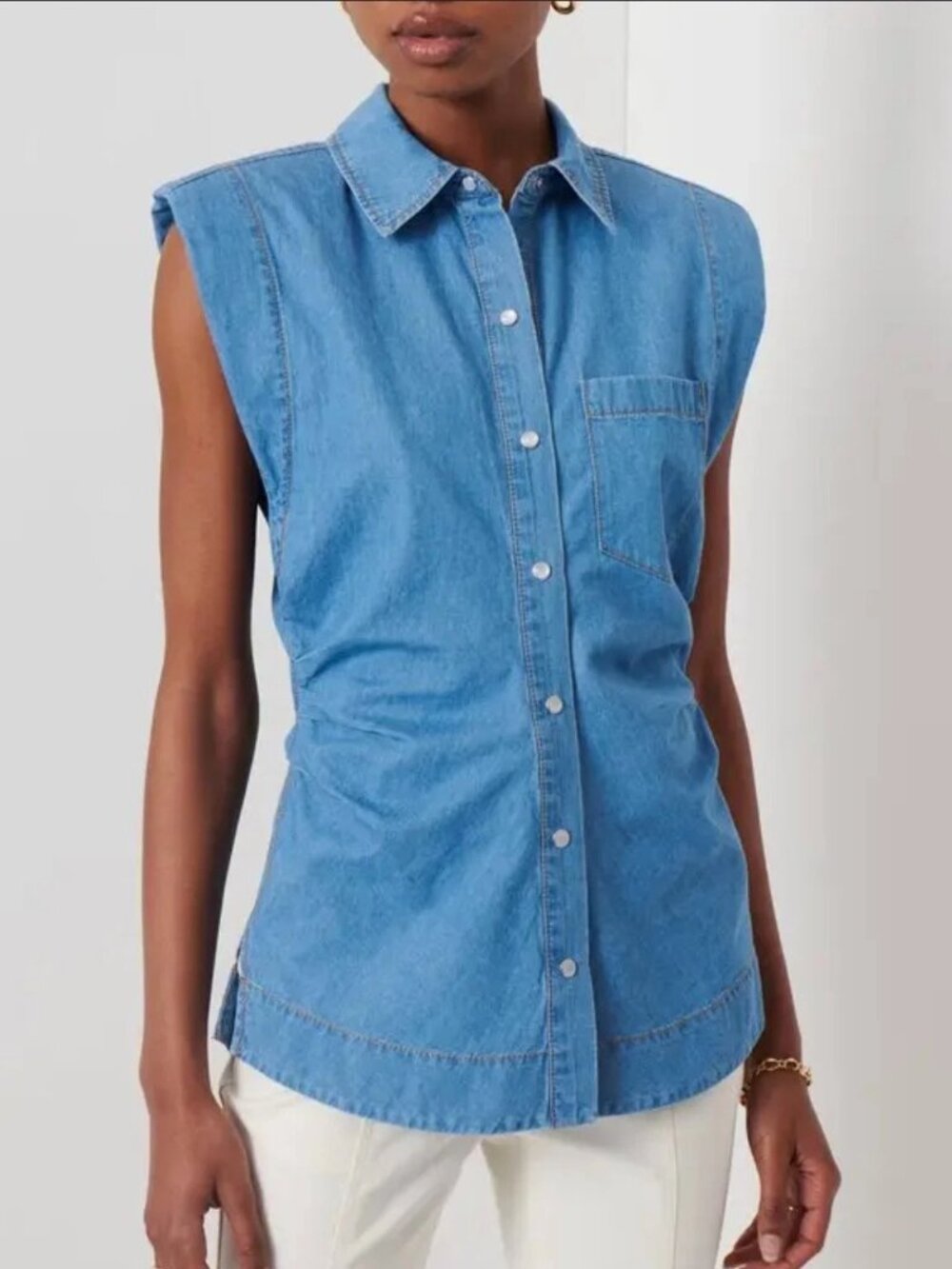 Derek Lam 10 Crosby Blue Ivy Sleeveless Ruched Button Down Shirt Size 6